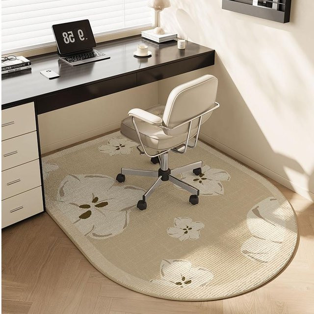 Rutschfeste Bodenmatte von HYFBH in Beige, ovale Teppichmatte mit floralem Design für Bürostühle, Schreibtische oder Schminktische, B/T: 120 x 60 cm - Bild 1