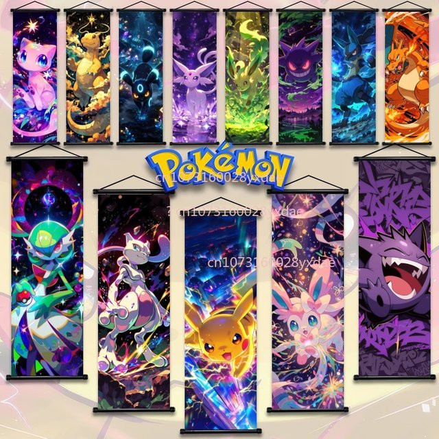 Takara Tomy Pokemon Anime Wandkunst als hängende Textil-Schriftrolle mit Gengar, Squirtle, Bulbasaur und Pikachu in Mehrfarbig - Bild 1
