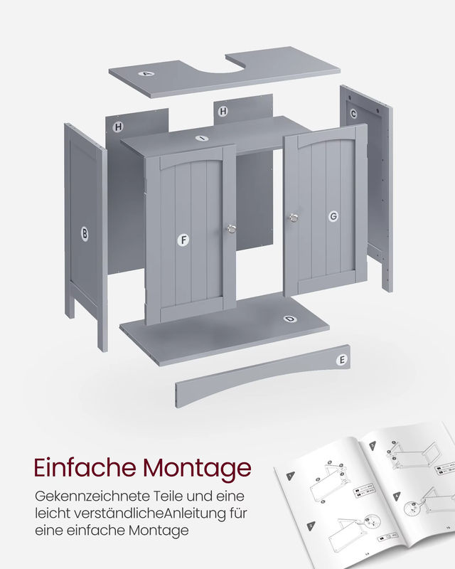 VASAGLE Waschbeckenunterschrank Badezimmerschrank in Grau mit 2 Türen und höhenverstellbarer Ablage, B/T/H: 60 x 30 x 60 cm - Bild 6
