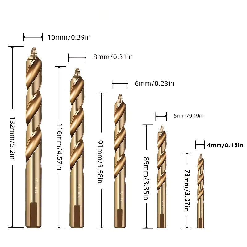 GUVONC 5-teiliges M35 HSS-E Kobalt-Bohrer-Set in Gold für gehärteten Stahl und Eisen, Durchmesser: 4 mm, 5 mm, 6 mm, 8 mm, 10 mm - Bild 2