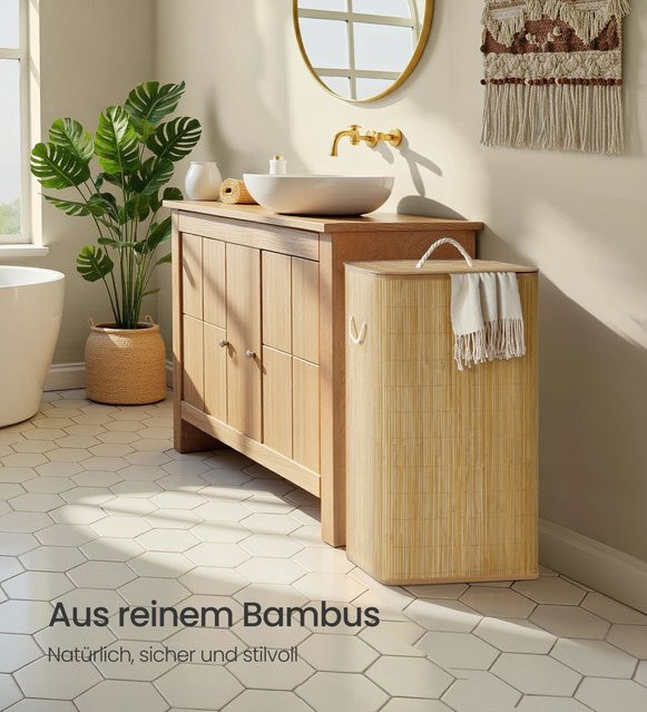 SONGMICS Wäschekorb mit Deckel aus Bambus, faltbarer Wäschesammler, 60 l, beige/sand - Bild 1