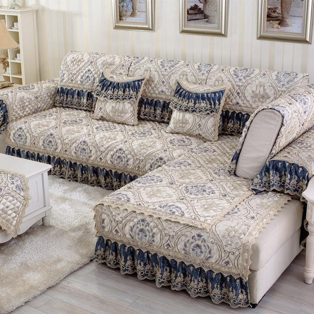 Modernes Sofa Kissen mit Spitze und Jacquard-Stoff in Rot, Blau oder Beige, B/T/H: 180 x 80 x 18 cm - Bild 1