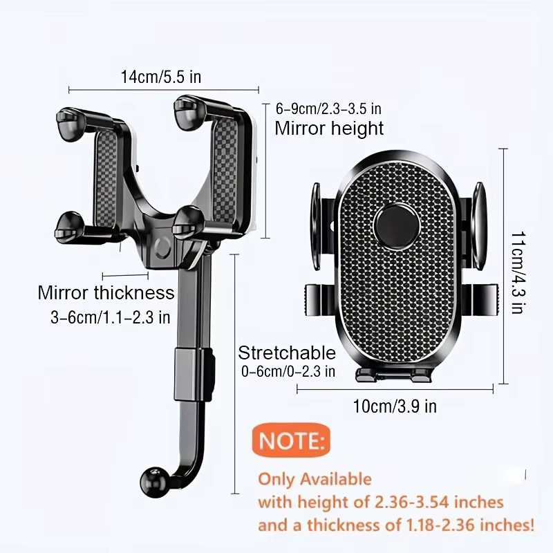 DUTRIEUX Rückspiegel-Handyhalterung fürs Auto mit 360 Grad drehbarem und teleskopierbarem Arm, universeller Clip-On-Halter für Smartphones, Schwarz - Bild 2