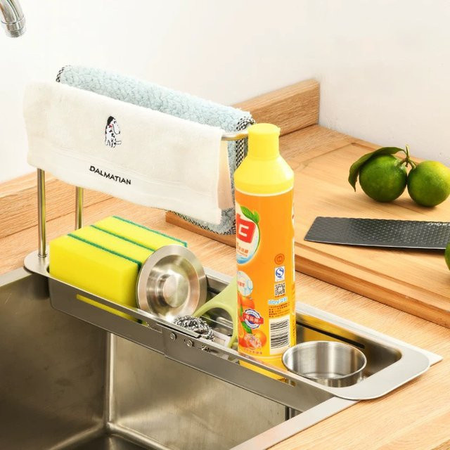 Willstar Teleskop Waschbecken Organizer aus Edelstahl in Silber mit Schwammhalter und Handtuchaufhänger - Bild 1