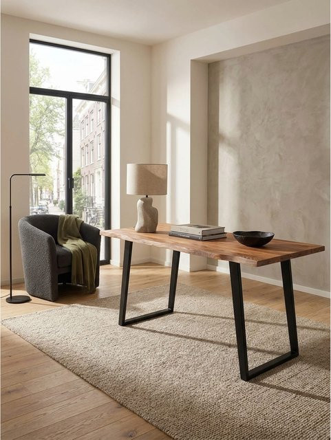 KADIMA DESIGN Schreibtisch aus Massivholz Akazie mit Baumkante und U-Gestell, Farbe: Braun, B/T/H: 180 x 90 x 76 cm - Bild 1