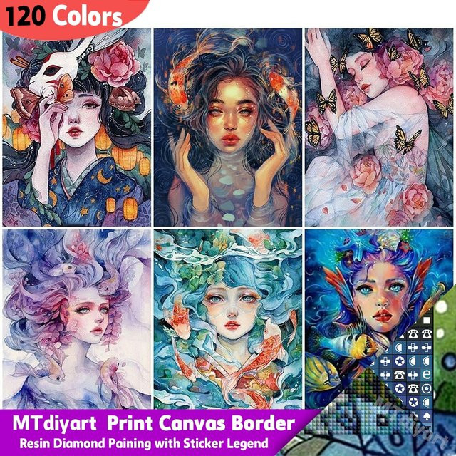 MTdiyart Diamond Painting Set Japanisches Mädchen mit Fisch als Mosaik Porträt auf Leinwand in Mehrfarbig - Bild 1