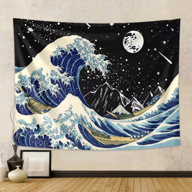 VIKAMA Kanagawa Suruga-Ichi Wandteppich im Ukiyo-e Stil mit japanischen Wellen, blaue Wanddekoration aus Textil - Bild 3