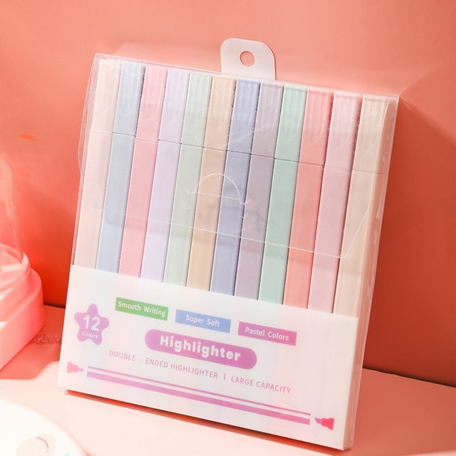12er Set Pastell Textmarker mit Doppelspitze in Multicolour für Journal, Schule und Büro - Bild 1