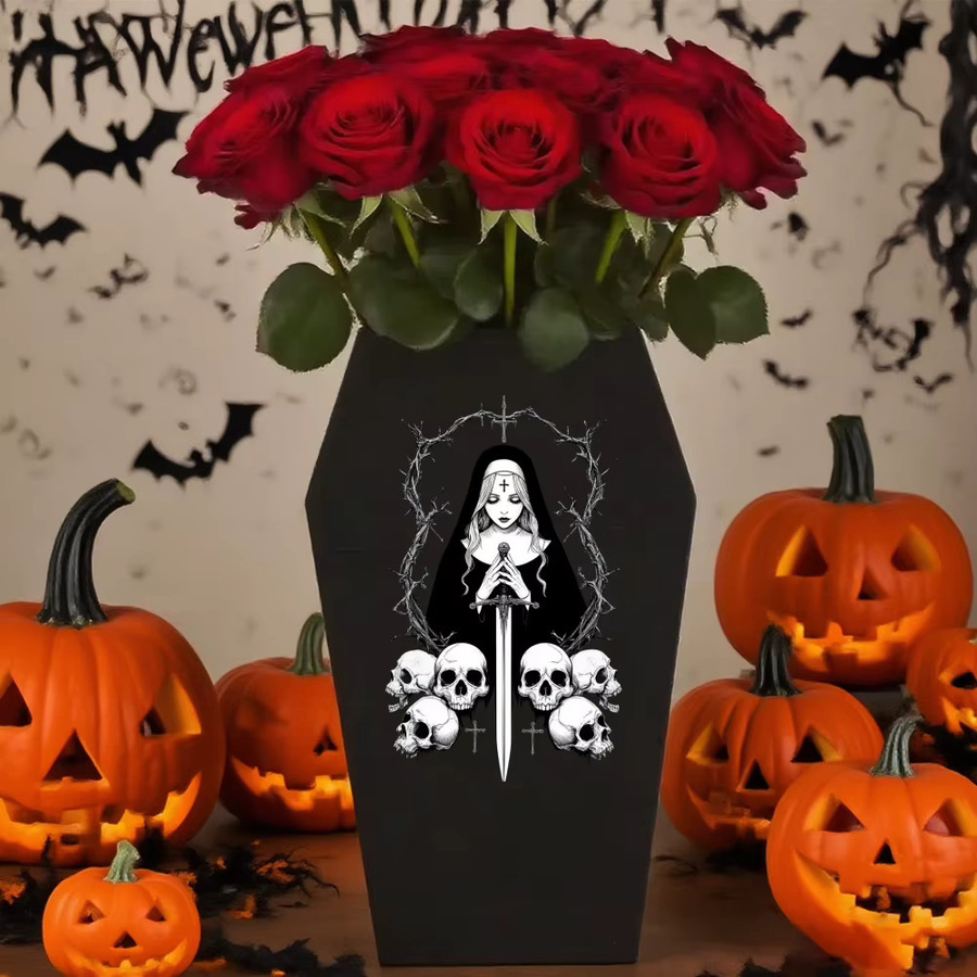 Gothic-Vase in Sargform mit Nonne und Totenkopf, Schwarz, Dekoration für den Schreibtisch - Bild 2