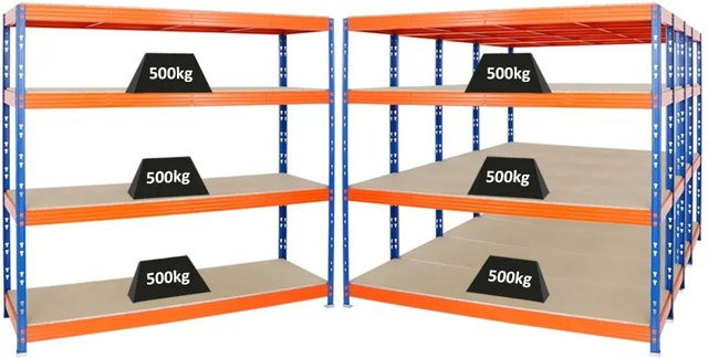 PROREGAL Rhino Schwerlastregal Set aus 5 Stück, Blau-Orange, 4 verstellbare Ebenen mit MDF-Holzplatten, Fachlast 500 kg, B/H/T: 200 x 180 x 60 cm - Bild 1