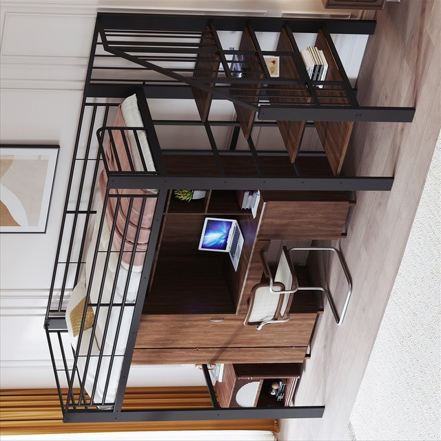 Robustes Metall-Hochbett in Schwarz Matt mit integrierter Treppe und Stauraum für Kinder und Erwachsene, B/T: 90 x 200 cm - Bild 1