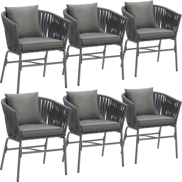 tectake Stuhlset Valeiras 6er Set mit Geflecht im Rope-Design und abnehmbaren Polyesterbezügen in Grau, B/T/H: 60 x 61 x 77 cm - Bild 2