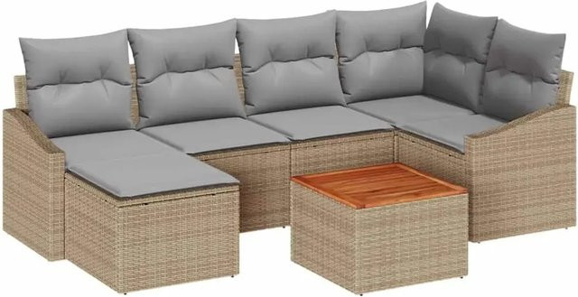 vidaXL Garten-Sofa-Set 7-teilig aus Poly-Rattan und pulverbeschichtetem Stahl in Beige und Hellgrau mit Stauraum und Tisch - Bild 1