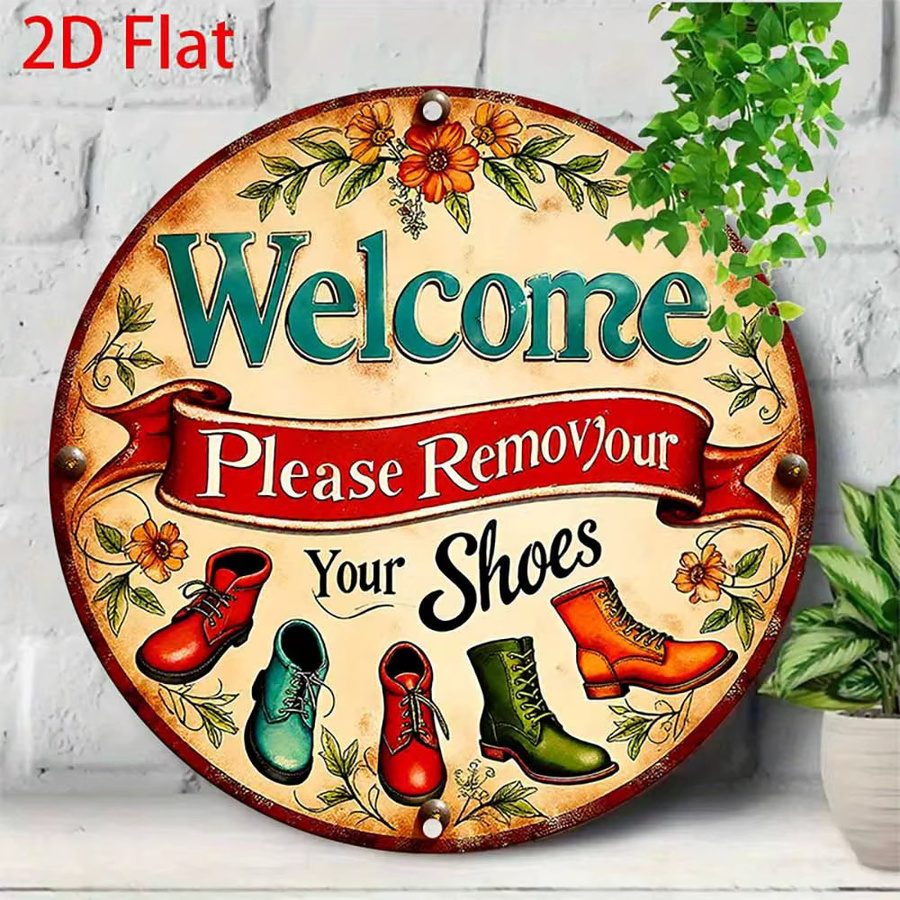 Retro Metallschild CIFBUY Willkommen bitte entfernen Sie Ihre Schuhe mit Blumenmuster, Wandkunst für rustikale Heimdekoration, B/H: 20,32 x 20,32 cm, Mehrfarbig - Bild 4