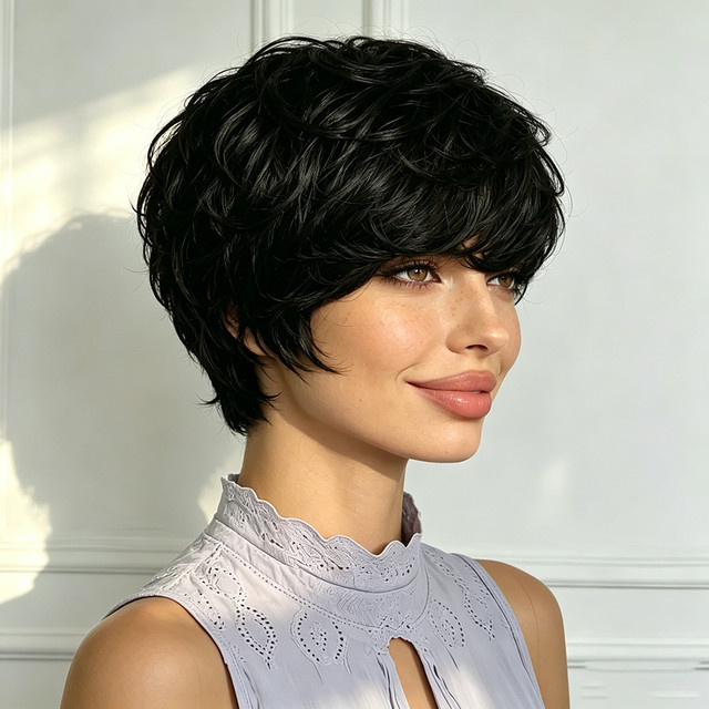 OYM HAIR Pixie-Cut Perücke, Schwarz, Damen, mit Pony, 180% Dichte - Bild 1