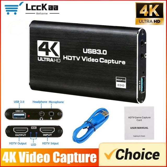 LccKaa 4K USB 3.0 Video Capture Card in Schwarz, HDMI HD Live Video Recorder Grabber für PC, PS4 und OBS zur Spielaufnahme mit Audio- und Mikrofon-Unterstützung - Bild 1