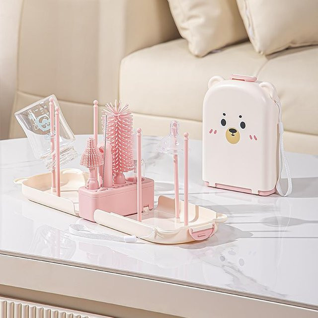 YIYUEQIANLI Reise-Babyflaschenbürsten-Set aus Silikon mit Aufbewahrungsbox für Flaschen, Schnuller und Zubehör in Beige - Bild 1