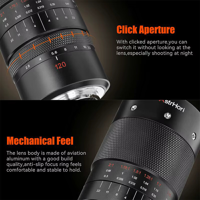 AstrHori 120 mm F2,8 Makro 2X Vollformat-Kameraobjektiv mit manuellem Fokus für Sony E Nikon Z Canon RF EF L-Mount in Schwarz - Bild 3