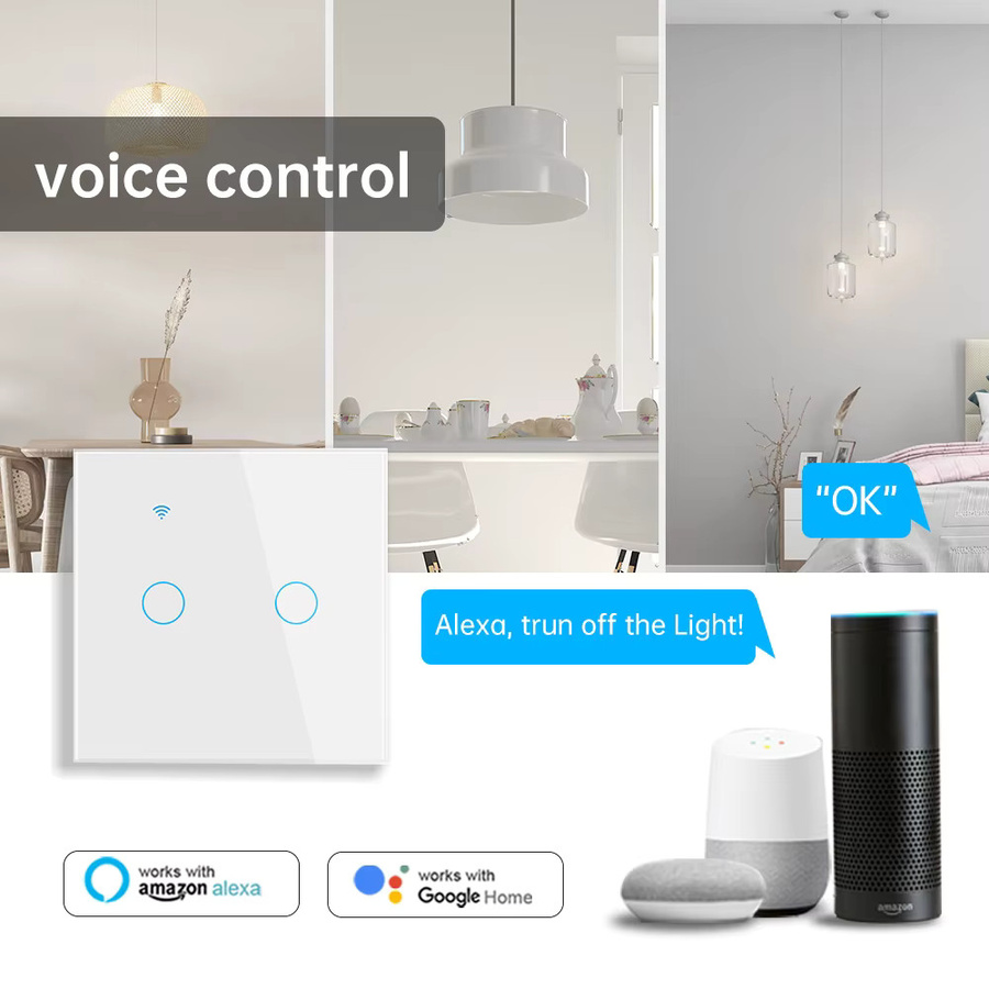 Smart Life WLAN Touch-Lichtschalter 2-fach mit 1/2/3-Wege-Steuerung, weißer Wand-Kreuzschalter aus gehärtetem Glas, kompatibel mit Tuya, Google Home und Alexa - Bild 1