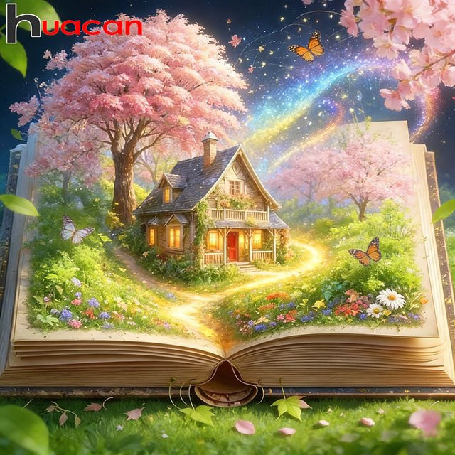 Huacan Diamant-Malerei Set Landschaft mit Haus und Baum, Mosaik-Bild mit Strasssteinen in Multicolour, B/H: 20 x 20 cm - Bild 1