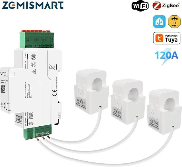 Zemismart 120A Zigbee WiFi RS485 Energiezähler 3-Phasen-Leistungsmonitor in Weiß, kompatibel mit Tuya, mit abnehmbaren Split-Core-Stromwandlern für 120V 240V - Bild 1