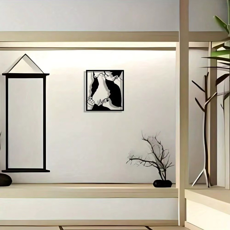 CIFBUY Wandskulptur aus Metall in Schwarz – Minimalistische Renaissance-Linienkunst mit abstraktem küssendem Paar als modernes Wanddekor - Bild 3