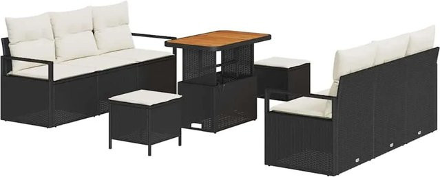 vidaXL Garten-Sofa-Set aus Poly-Rattan in Schwarz und Beige, 9-teiliges L-Shape Lounge-Set mit Polsterkissen und Couchtisch für Terrasse und Garten - Bild 1