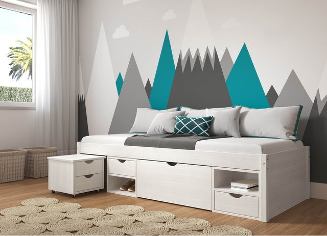 Inter Link Funktionsbett Till aus Massivholz mit Stauraum, Nachtkommode und Lattenrost, Farbe: Weiß, B/L: 90 x 200 cm - Bild 1