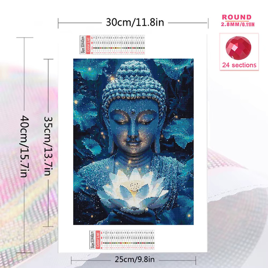 EverShine Diamant-Mosaik Buddha-Porträt Wandkunst mit Lotus-Motiv in Blau, Vollquadratische Strass-Stickerei auf Leinwand, B/H: 30 x 30 cm - Bild 2