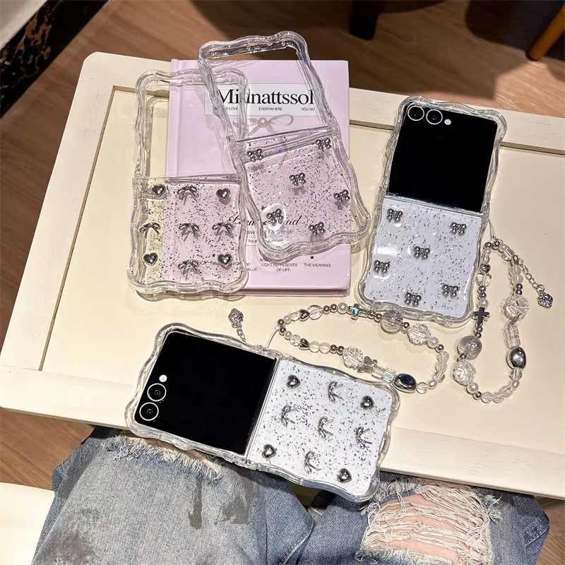 Luxus Glitzer 3D Herz und Schleife Handyhülle für Samsung Galaxy Z Flip 7 6 5 4 3 5G mit Lanyard und stoßfester Abdeckung in Transparent - Bild 3