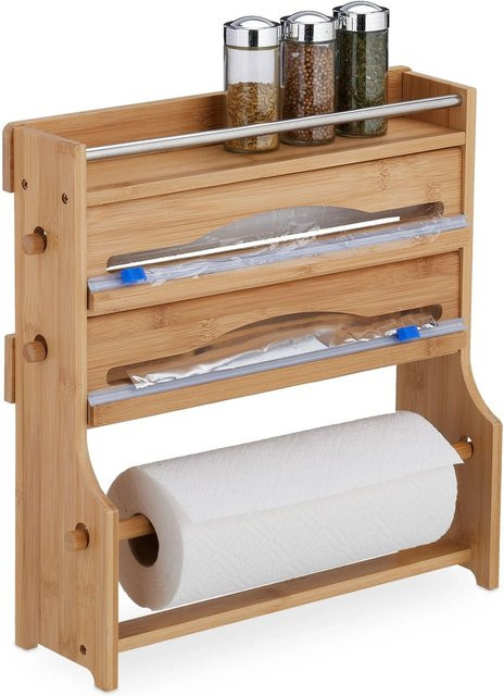 Relaxdays Wandrollenhalter aus Bambus in Natur mit Gewürzregal, Farbe: Braun, B/T/H: 40 x 11,5 x 40 cm - Bild 1