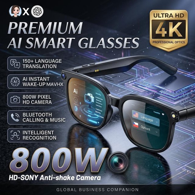 GUHUAVMI Smart Glasses mit 8MP 4K HD Kamera, ChatGPT Sprachübersetzung, WiFi und Bluetooth für Videoaufnahmen und Telefonate, Schwarz, Unisex - Bild 1