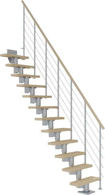 Dolle Mittelholmtreppe Dublin Gerade in Ahorn Perlgrau mit Edelstahl-Elementen bis 292 cm Höhe und 75 cm Breite - Bild 1
