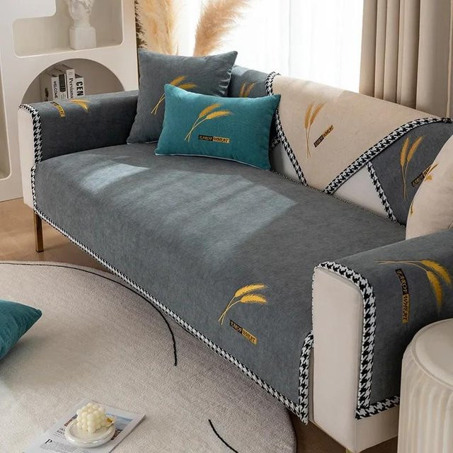 Moderner Chenille-Sofabezug mit Weizenkopf-Stickerei in Grau, rutschfester Universal-Schonbezug für dein Sofa, Breite: 70 cm, Breite: 70 cm - Bild 1