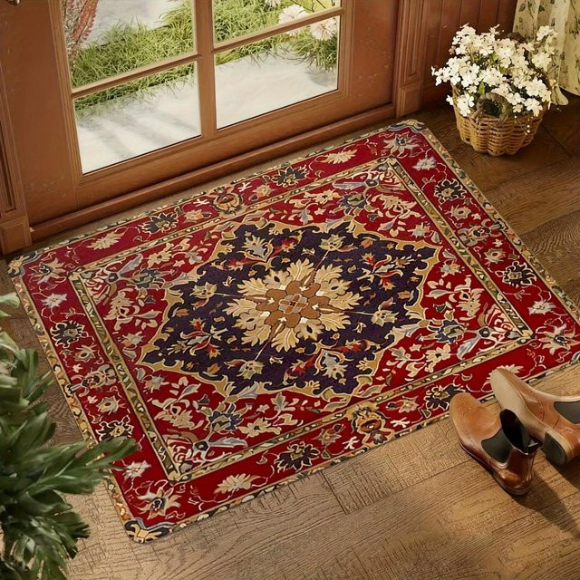 Wucifang Jewelry Vintage Boho Fußmatte mit Blumenmuster in Rot, Beige und Braun, rutschfest und waschbar, B/T: 50 x 30 cm - Bild 1