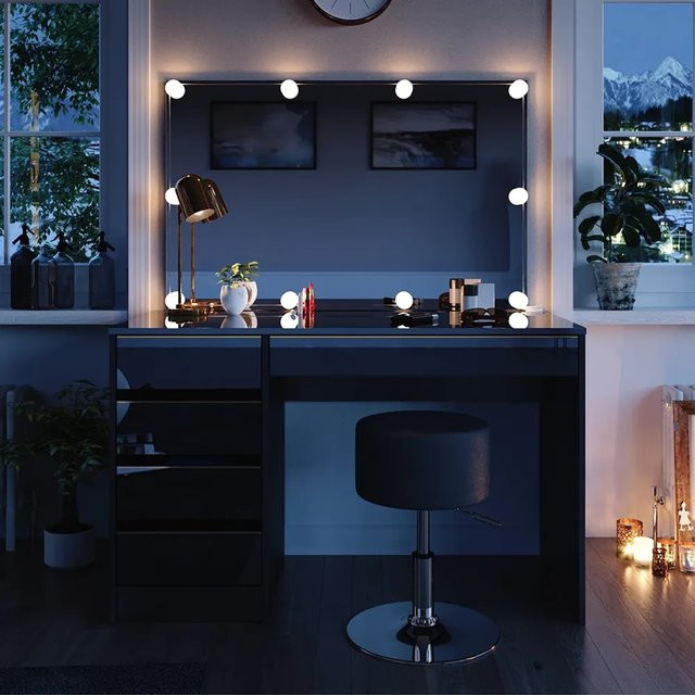 Vicco Schminktisch Sherry in Schwarz Hochglanz mit Gold-Akzenten, inklusive Spiegel mit LED-Beleuchtung und Hocker, B: 120 cm, T: 75 cm, H: 75 cm - Bild 2