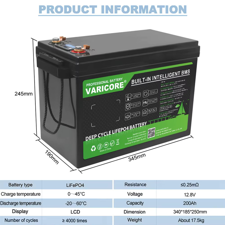Varicore 12V 200Ah LiFePO4 Akku-Pack Deep Cycle Lithium-Eisenphosphat-Batterie mit BMS in Schwarz für Wohnmobile, Solaranlagen und Boote - Bild 3