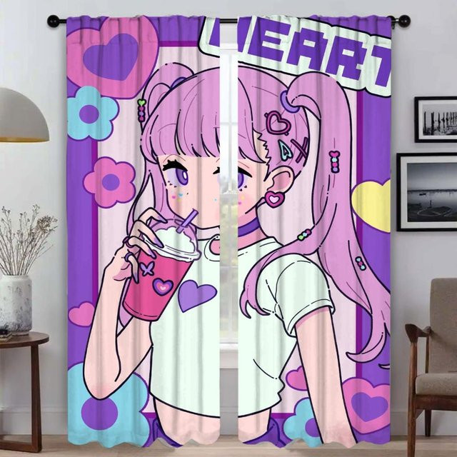 Anime Mädchen Tüllvorhänge für Wohnzimmer und Schlafzimmer, 2er-Set, Mehrfarbig, Breite: 50 cm, Höhe: 70 cm - Bild 1