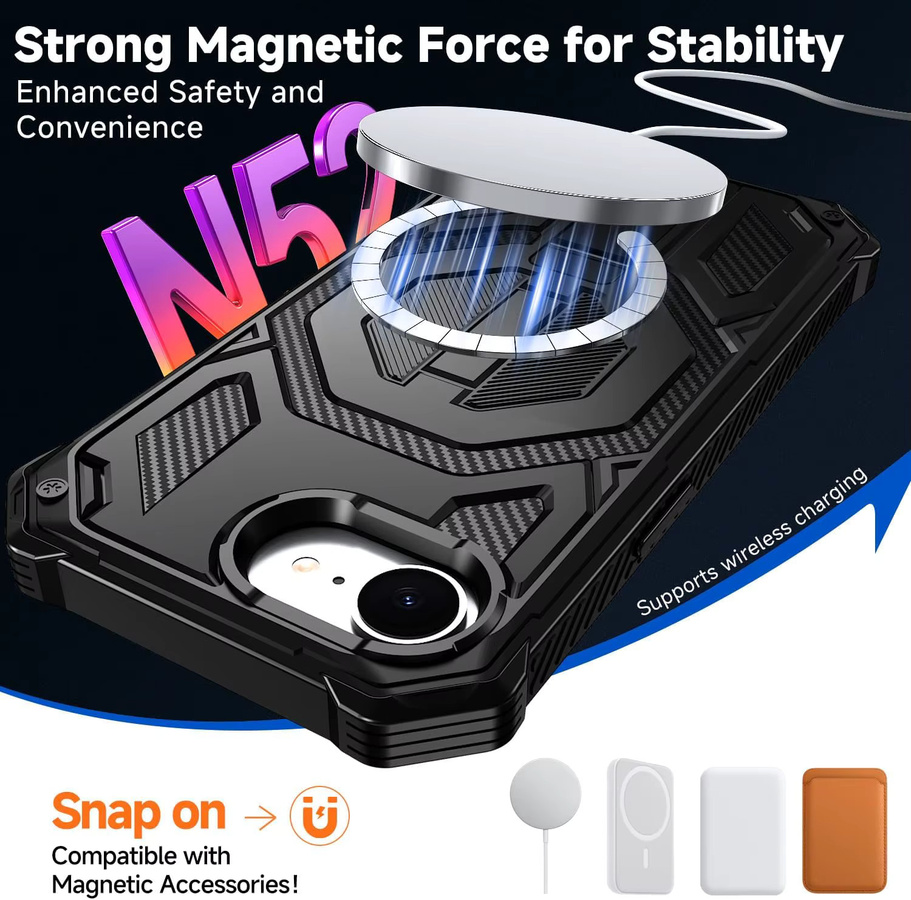Huikai Magnetische Handyhülle für iPhone 17e und iPhone 16e mit unsichtbarem Ständer in Schwarz, 3-in-1 Vollschutz nach militärischem Standard - Bild 3
