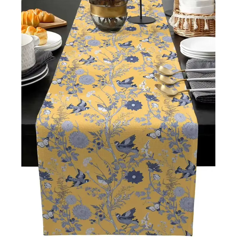 VIKAMA Tischläufer aus Leinen in Gelb mit Vintage-Vanille-Muster, Rustikaler Farmhaus-Stil für dein Zuhause, Länge: 150 cm - Bild 2