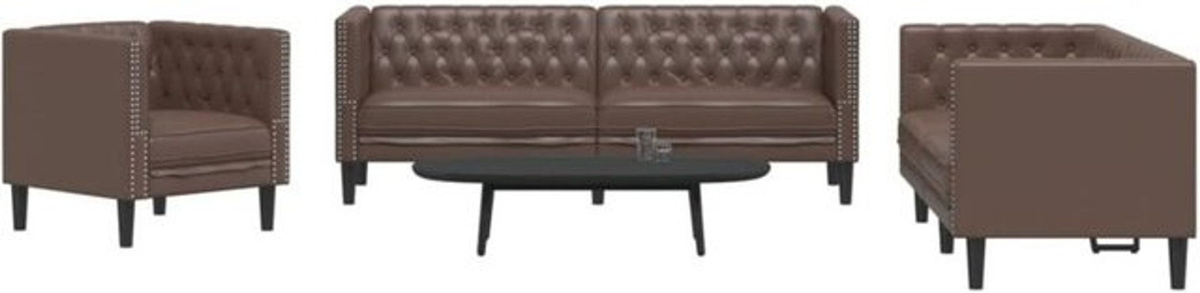3-teiliges Chesterfield Sofa Set von vidaxl in Braun aus Kunstleder und Massivholz - Bild 1