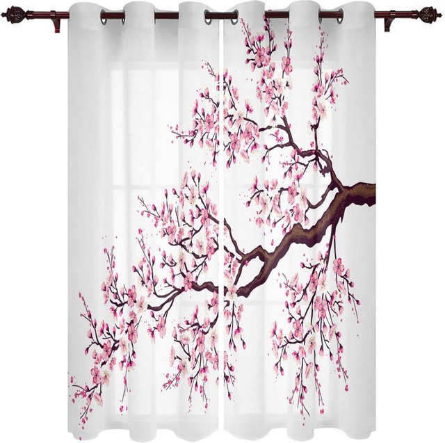 Super Six Sakura Fenstervorhang im japanischen Stil mit floralem Design, Weiß, B: 135 cm, H: 245 cm - Bild 1
