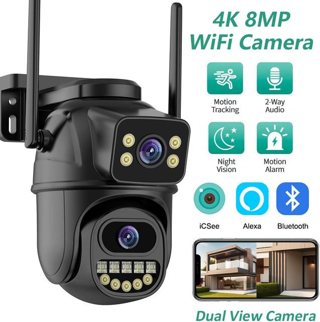 DDBROUGEN 4K 8MP Dual Objektiv IP Kamera mit Dual Screen, Wifi PTZ Outdoor Überwachungskamera mit 4MP AI Auto Tracking, HD Audio Video und iCSee App Unterstützung - Bild 1