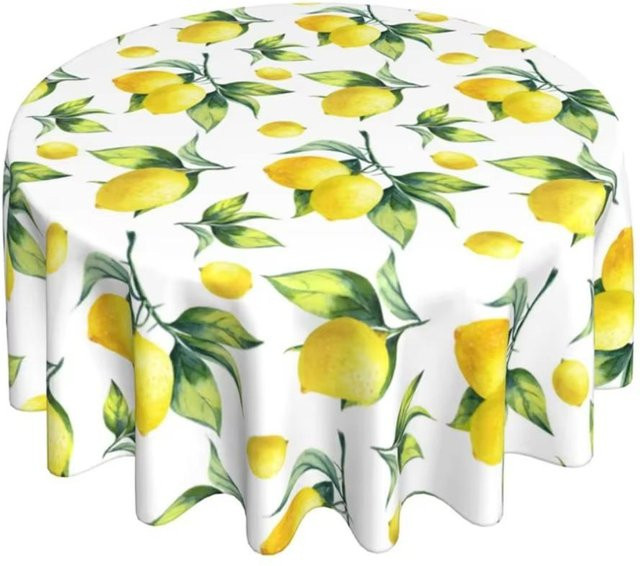 City Glow Zitronen-Tischdecke Rund, Gelb-Weiß, Durchmesser: 152 cm, Polyester, Waschbar - Bild 1
