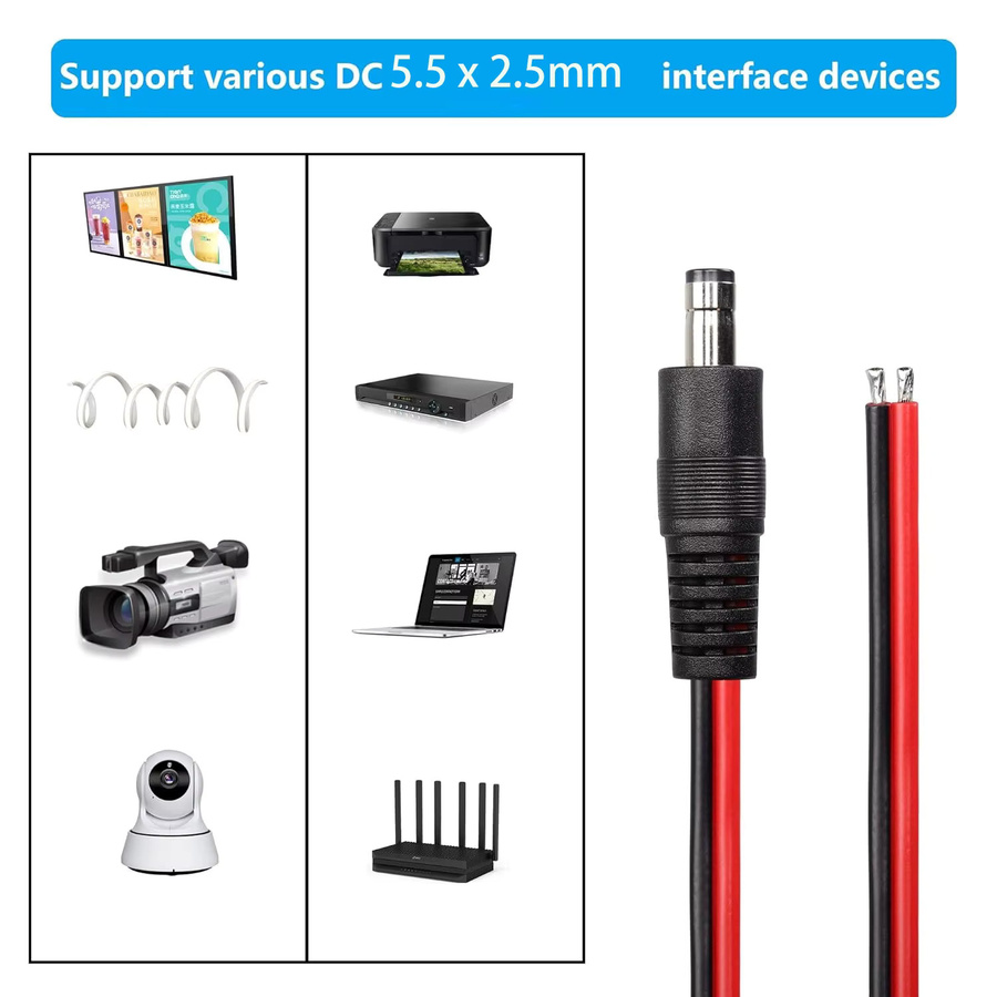 UpperFu 2 Stück DC-Versorgung Pigtail Stecker 5,5 mm x 2,5 mm mit 14 AWG blankem Draht in Schwarz für CCTV-Überwachungskameras und LED-Streifenlicht - Bild 4