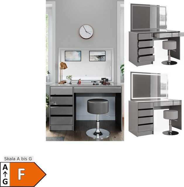 Vicco Schminktisch in Sherry Grau mit LED-Spiegel und Hocker, moderner Frisiertisch in Hochglanz mit Schubladen, Breite: 120 cm, Tiefe: 75 cm - Bild 1