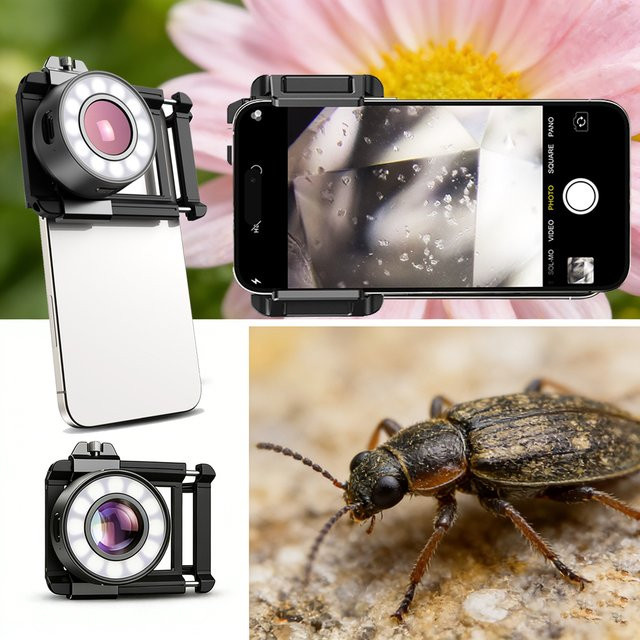 Apexel 120X HD-Makroobjektiv Mikroskop-Schmuckobjektiv mit LED-Beleuchtung und Augenmuschel in Schwarz für iPhone und Android Smartphones - Bild 1