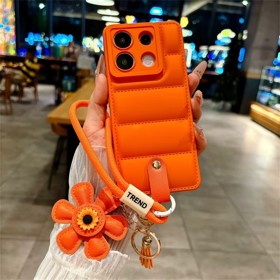 Luxuriöse weiche Daunenjacke Handyhülle mit Sonnenblumen-Handgelenkschlaufe für Xiaomi Redmi Note 14, 13, 12 Pro, Redmi 12, 14C, 13C in Pink - Bild 1