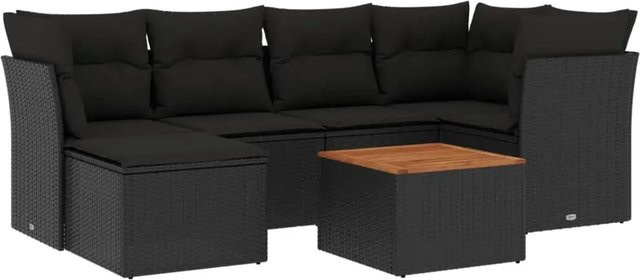 vidaXL 7-teilige Garten-Sofagarnitur in L-Form aus Polyrattan und pulverbeschichtetem Stahl mit Kissen in Schwarz - Bild 1