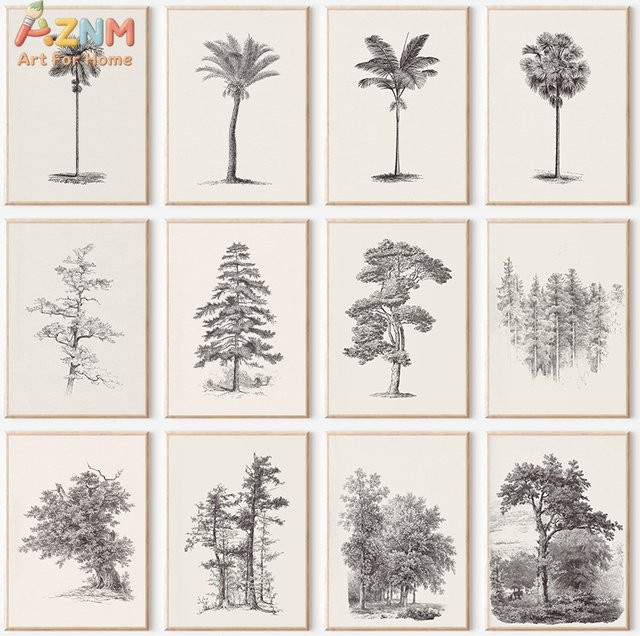 AZNM Vintage Baum-Skizzen-Leinwandbild mit botanischem Palmenwald-Druck für deine neutrale Heimdekoration - Bild 1